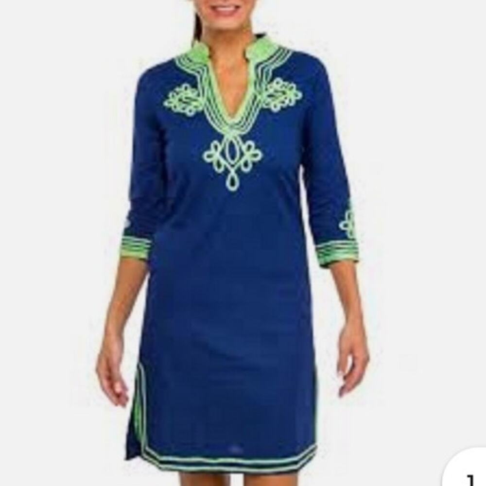 Gretchen Scott Tunic Mini Dress Womens XS Blue Green V Neck Cotton Preppy